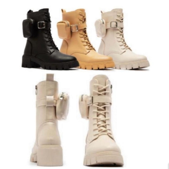 QUPID Side Pouch Pocket Combat Boot Ankle Booties Textured Platform Lace-Up New - Picture 3 of 10